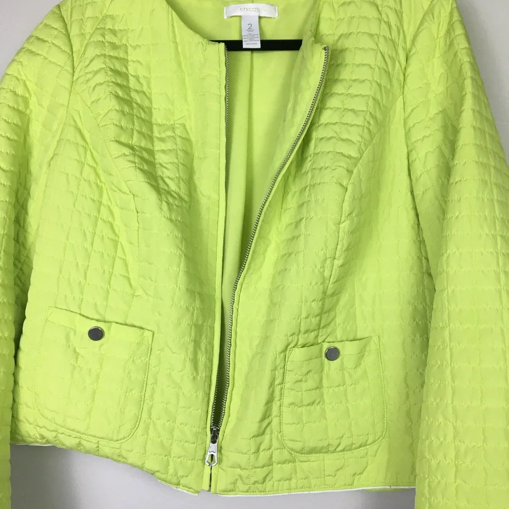 Chico's Quilted Jacket Womens 2 Large‎ Neon Lime Green Excellent Full Zip Pocket